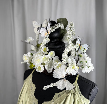 Butterfly White Floral Halo Headdress, White Flower Crown, Bridal Halo Crown, Fairy Crown, Cherub Halo, Elven Headpiece, Photoshoot Prop
