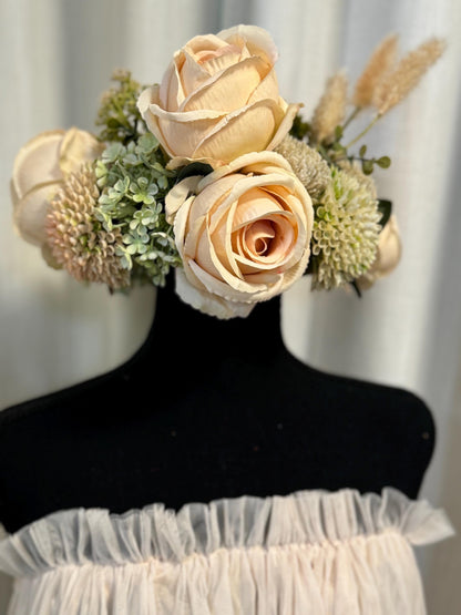 Rosey Floral Halo Headdress, Blush Flower Crown, Bridal Crown, Fairy Crown, Cherub Halo, Romantic Headpiece, Photoshoot Prop