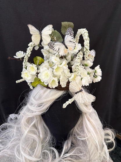 Butterfly White Floral Halo Headdress, White Flower Crown, Bridal Halo Crown, Fairy Crown, Cherub Halo, Elven Headpiece, Photoshoot Prop