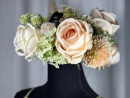 Rosey Floral Halo Headdress, Blush Flower Crown, Bridal Crown, Fairy Crown, Cherub Halo, Romantic Headpiece, Photoshoot Prop