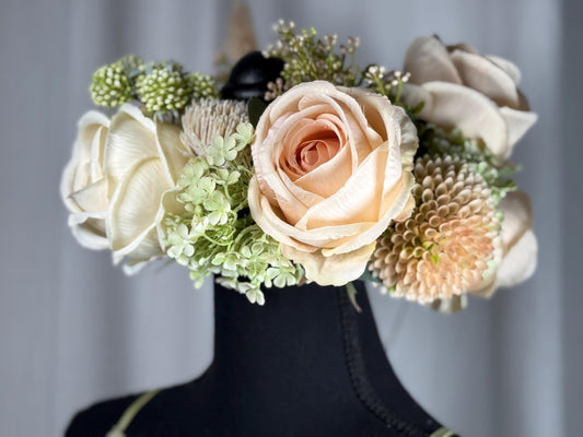 Rosey Floral Halo Headdress, Blush Flower Crown, Bridal Crown, Fairy Crown, Cherub Halo, Romantic Headpiece, Photoshoot Prop
