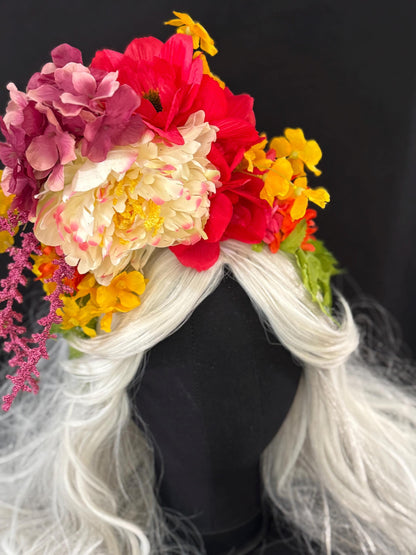 Festive Blooms Fascinator, Colorful Floral Crown Headpiece, Flower Crown, Garden Headpiece, Fairycore Crown, Statement Floral Headpiece