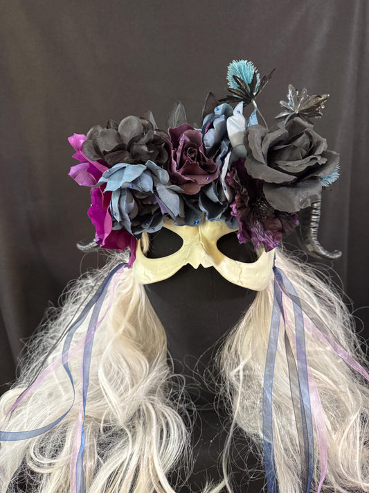 Horned Fantasy Skull Mask – Ram Horn Half Face with Florals,Ribbons & Gems – Gothic Masquerade,Fantasy Costume,Cosplay Headdress