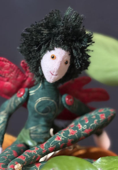 Jingle Faerie Friend – Christmas Pixie  Doll – Handmade Holiday Companion – Ren Faire / LARP Familiar – One-of-a-Kind Fairycore Collectible