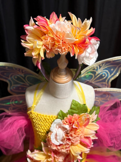 Child Flower Fairy Costume – Pink Wings & Floral Crown – Golden Petal Pixie of the Blossom Grove – Fairy Party / Ren Faire Outfit – Size 6–8