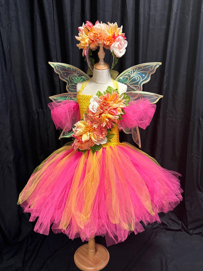 Child Flower Fairy Costume – Pink Wings & Floral Crown – Golden Petal Pixie of the Blossom Grove – Fairy Party / Ren Faire Outfit – Size 6–8