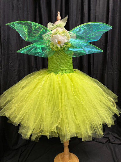 Child Meadow Fairy Costume – Green Wings & Floral Crown – Mist Sprite of the Meadowlands – Fairy Party / Ren Faire Outfit – Size 6–8