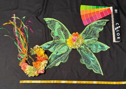 Child Garden Fairy Costume – Green Wings & Floral Crown – Sunbeam Nymph of the Summer Glade – Fairy Party / Ren Faire Outfit – Size 6–8