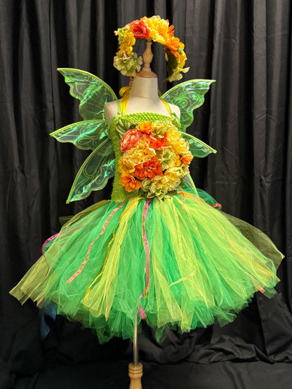 Child Garden Fairy Costume – Green Wings & Floral Crown – Sunbeam Nymph of the Summer Glade – Fairy Party / Ren Faire Outfit – Size 6–8