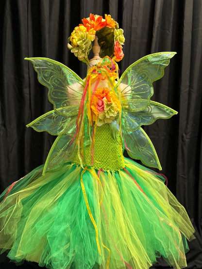 Child Garden Fairy Costume – Green Wings & Floral Crown – Sunbeam Nymph of the Summer Glade – Fairy Party / Ren Faire Outfit – Size 6–8