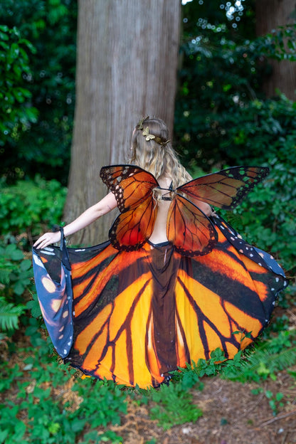 Adult Monarch Butterfly Costume – Orange Butterfly Wings & Crown – Monarch Enchantress – Renaissance Faire / Masquerade Outfit – Size 6–8