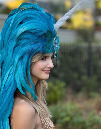 Blue Unicorn Fascinator | Feather Tiara, Feather Crown, Unicorn Princess Headpiece, Fairy-core, Ren Faire, Pride Day, Fantasy Photoshoot