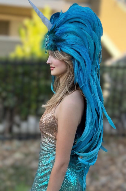 Blue Unicorn Fascinator | Feather Tiara, Feather Crown, Unicorn Princess Headpiece, Fairy-core, Ren Faire, Pride Day, Fantasy Photoshoot