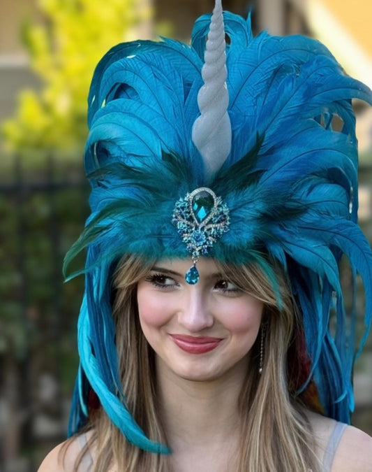 Blue Unicorn Fascinator,Feather Tiara,Feather Crown,Unicorn Princess Headpiece,Fairy-core,Renaissance Faire,Pride Day,Fantasy Photoshoot