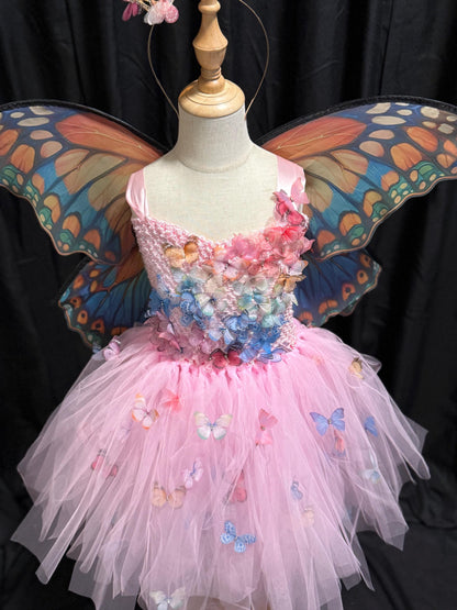 Child Butterfly Fairy Costume – Rainbow Wings & Tiara – Fantasy Princess Dress – Renaissance Faire / Fairy Party Outfit – Size 4–6