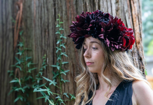 Black Crimson Floral Garland,Flower Tiara, Flower Crown,Elven Princess Headpiece,Fairy-core,Ren Faire,Special Occasion Photoshoot