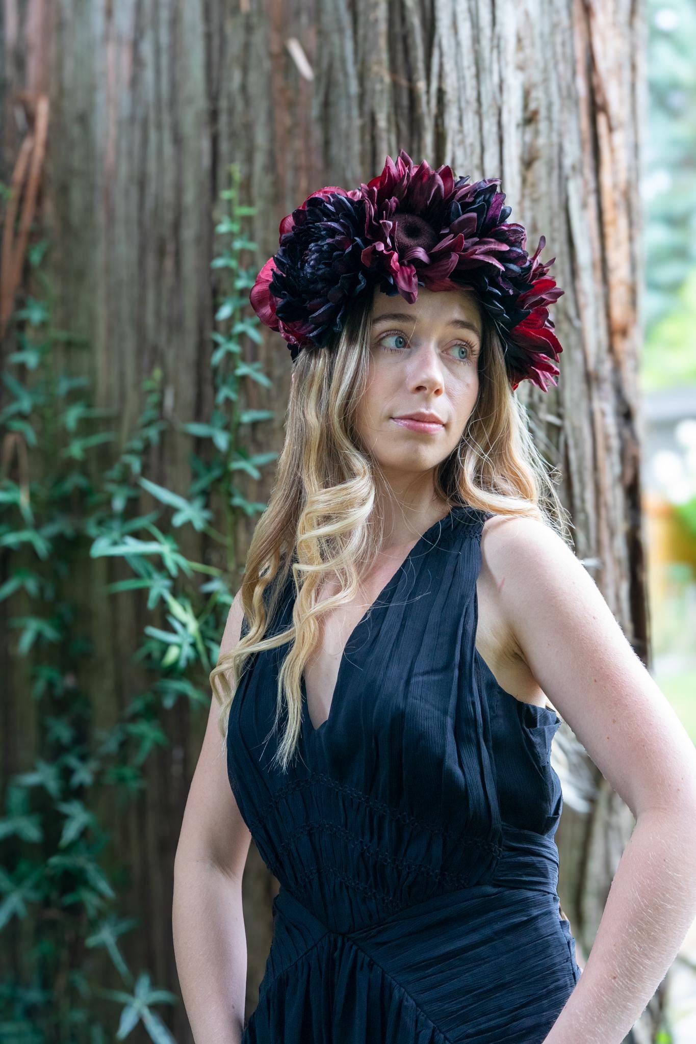Black Crimson Floral Garland,Flower Tiara, Flower Crown,Elven Princess Headpiece,Fairy-core,Ren Faire,Special Occasion Photoshoot