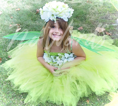 Child Meadow Fairy Costume – Green Wings & Floral Crown – Mist Sprite of the Meadowlands – Fairy Party / Ren Faire Outfit – Size 6–8