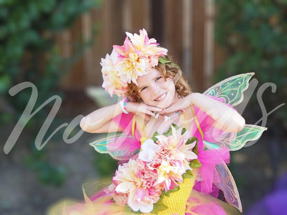 Child Flower Fairy Costume – Pink Wings & Floral Crown – Golden Petal Pixie of the Blossom Grove – Fairy Party / Ren Faire Outfit – Size 6–8