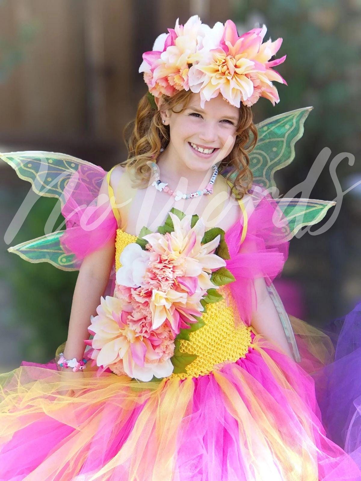 Child Flower Fairy Costume – Pink Wings & Floral Crown – Golden Petal Pixie of the Blossom Grove – Fairy Party / Ren Faire Outfit – Size 6–8