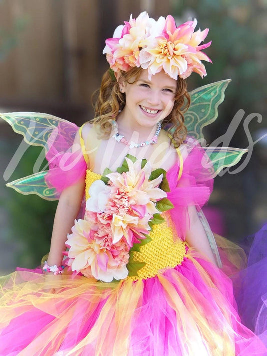Child Flower Fairy Costume – Pink Wings & Floral Crown – Golden Petal Pixie of the Blossom Grove – Fairy Party / Ren Faire Outfit – Size 6–8