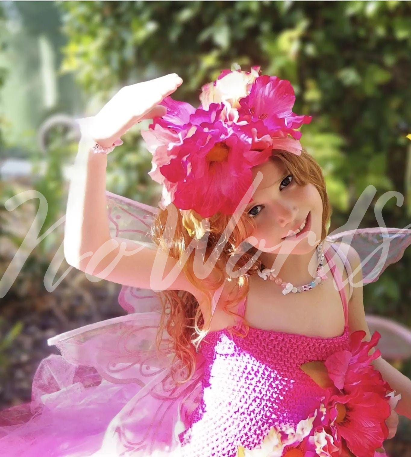 Child Poppy Fairy Costume – Pink Wings & Floral Crown – Blossom Sprite of the Poppy Hollow – Fairy Party / Ren Faire Outfit – Size 6–8