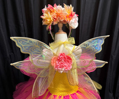 Child Flower Fairy Costume – Pink Wings & Floral Crown – Golden Petal Pixie of the Blossom Grove – Fairy Party / Ren Faire Outfit – Size 6–8