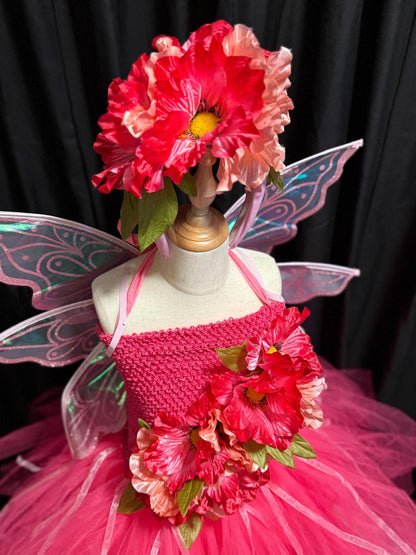 Child Poppy Fairy Costume – Pink Wings & Floral Crown – Blossom Sprite of the Poppy Hollow – Fairy Party / Ren Faire Outfit – Size 6–8
