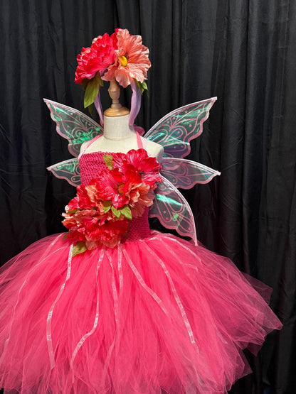 Child Poppy Fairy Costume – Pink Wings & Floral Crown – Blossom Sprite of the Poppy Hollow – Fairy Party / Ren Faire Outfit – Size 6–8
