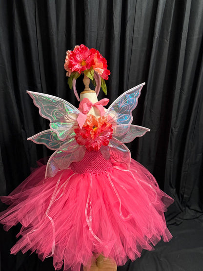 Child Poppy Fairy Costume – Pink Wings & Floral Crown – Blossom Sprite of the Poppy Hollow – Fairy Party / Ren Faire Outfit – Size 6–8
