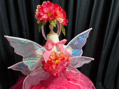Child Poppy Fairy Costume – Pink Wings & Floral Crown – Blossom Sprite of the Poppy Hollow – Fairy Party / Ren Faire Outfit – Size 6–8