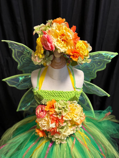 Child Garden Fairy Costume – Green Wings & Floral Crown – Sunbeam Nymph of the Summer Glade – Fairy Party / Ren Faire Outfit – Size 6–8