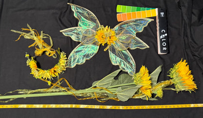 Child Sunflower Fairy Costume – Golden Wings & Flower Crown – Sunbeam Sprite of the Meadow Path – Fairy Party / Ren Faire Outfit – Size 6–8