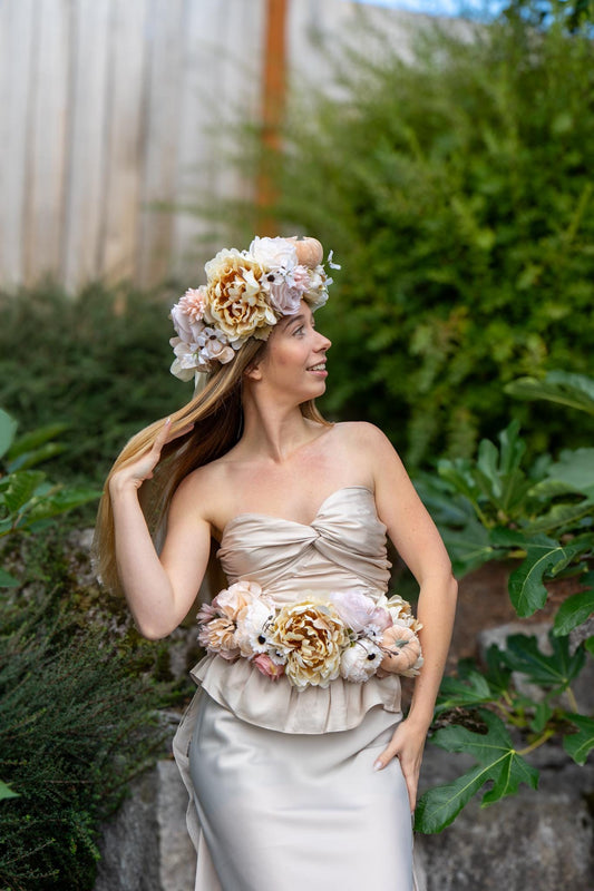 Cream with My Coffee — LUX Garland Duet | Head & Hip Floral Garlands, Flower Crown, Fairy-core, Ren Faire, Special Occasion Photoshoot