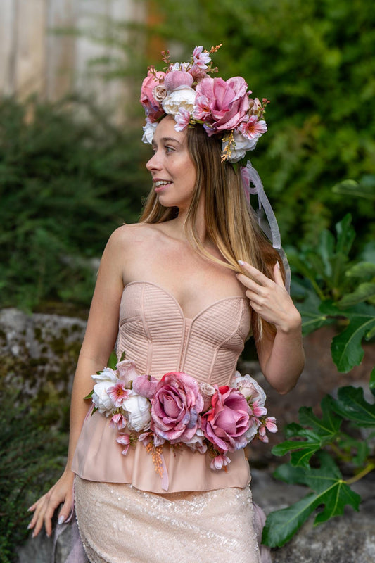 Don’t Make Me Blush — LUX Garland Duet | Head & Hip Floral Garlands, Flower Crown, Fairy-core, Ren Faire, Special Occasion Photoshoot