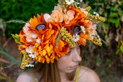 Spiced Sunset Floral Garland | Flower Tiara, Flower Crown, Elven Princess Headpiece, Fairy-core, Ren Faire, Special Occasion Photoshoot