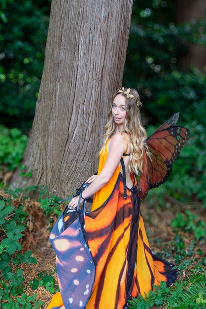 Adult Monarch Butterfly Costume – Orange Butterfly Wings & Crown – Monarch Enchantress – Renaissance Faire / Masquerade Outfit – Size 6–8