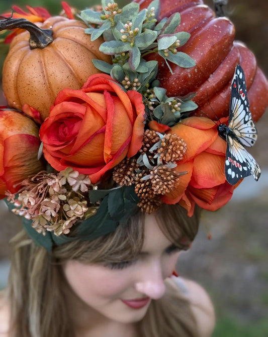 Pumpkin Queen Fascinator,Flower Tiara,Flower Crown,Elven Princess Headpiece,Fairy-core,Renaissance Faire,Special Occasion Photoshoot