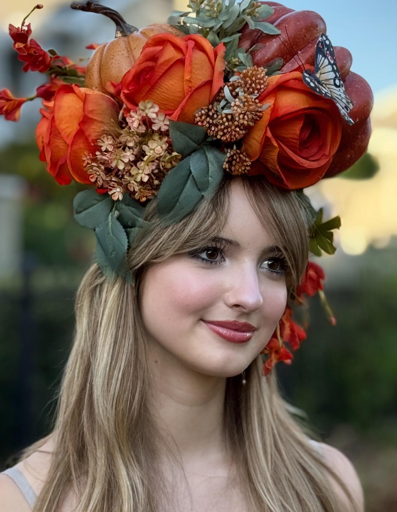 Pumpkin Queen Fascinator,Flower Tiara,Flower Crown,Elven Princess Headpiece,Fairy-core,Renaissance Faire,Special Occasion Photoshoot