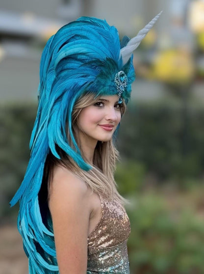 Blue Unicorn Fascinator | Feather Tiara, Feather Crown, Unicorn Princess Headpiece, Fairy-core, Ren Faire, Pride Day, Fantasy Photoshoot