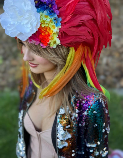 Rainbow Unicorn Horn Headdress, Light Up Unicorn Crown, Feather Mane Headpiece, Fantasy Horn, Cosplay, Festival Headpiece