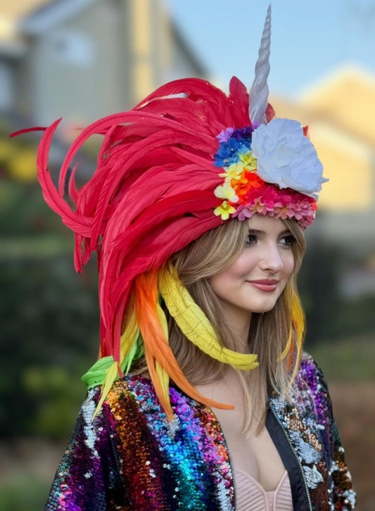 Rainbow Unicorn Fascinator,Lite Up Horn,Feather Crown,Unicorn Princess Headpiece,Fairy-core,Renaissance Faire,Pride Day,Fantasy Photoshoot