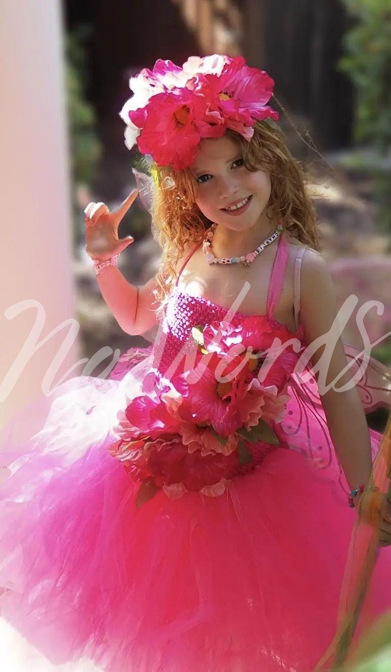 Child Poppy Fairy Costume – Pink Wings & Floral Crown – Blossom Sprite of the Poppy Hollow – Fairy Party / Ren Faire Outfit – Size 6–8