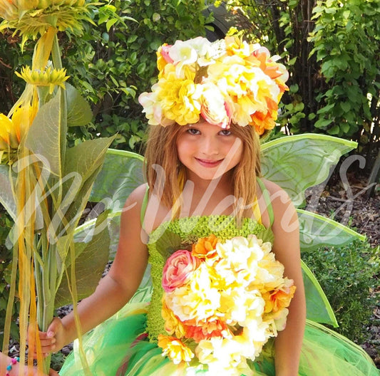 Child Garden Fairy Costume – Green Wings & Floral Crown – Sunbeam Nymph of the Summer Glade – Fairy Party / Ren Faire Outfit – Size 6–8