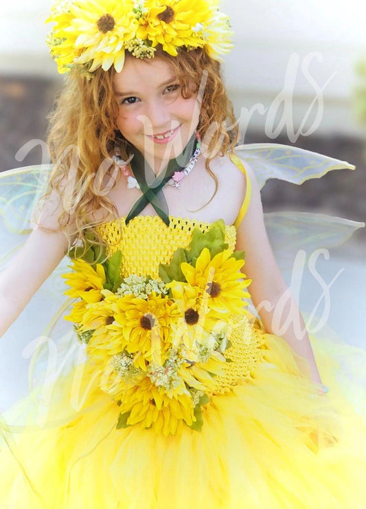 Child Sunflower Fairy Costume – Golden Wings & Flower Crown – Sunbeam Sprite of the Meadow Path – Fairy Party / Ren Faire Outfit – Size 6–8
