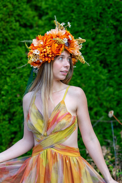 Spiced Sunset Floral Garland | Flower Tiara, Flower Crown, Elven Princess Headpiece, Fairy-core, Ren Faire, Special Occasion Photoshoot