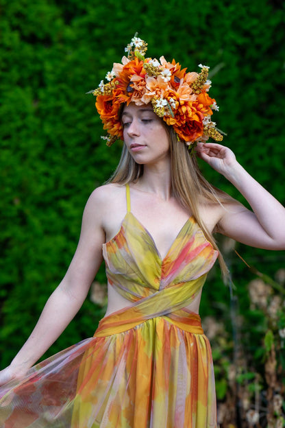 Spiced Sunset Floral Garland | Flower Tiara, Flower Crown, Elven Princess Headpiece, Fairy-core, Ren Faire, Special Occasion Photoshoot