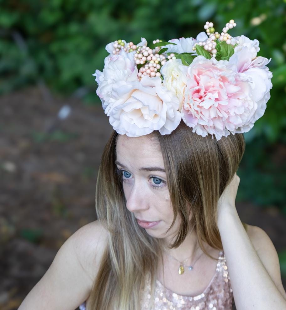 Peaches & Cream Floral Halo Headdress, Peach Flower Crown, Blush Bridal Crown, Fairy Crown, Cherub Halo, Wedding Headpiece, Photoshoot Prop