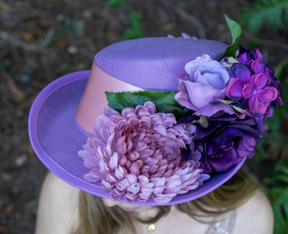 Lady Lavender Floral Top Hat – Lavender Pink Hat, Fairycore Headpiece, Garden Party Hat, Pastel Top Hat, Ren Faire, Cosplay