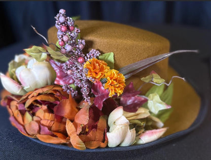 Coco Spice Autumn Floral Top Hat – Ochre Top Hat, Fall Floral Hat, Cottagecore Headpiece, Harvest Hat, Ren Faire, Festival Wear